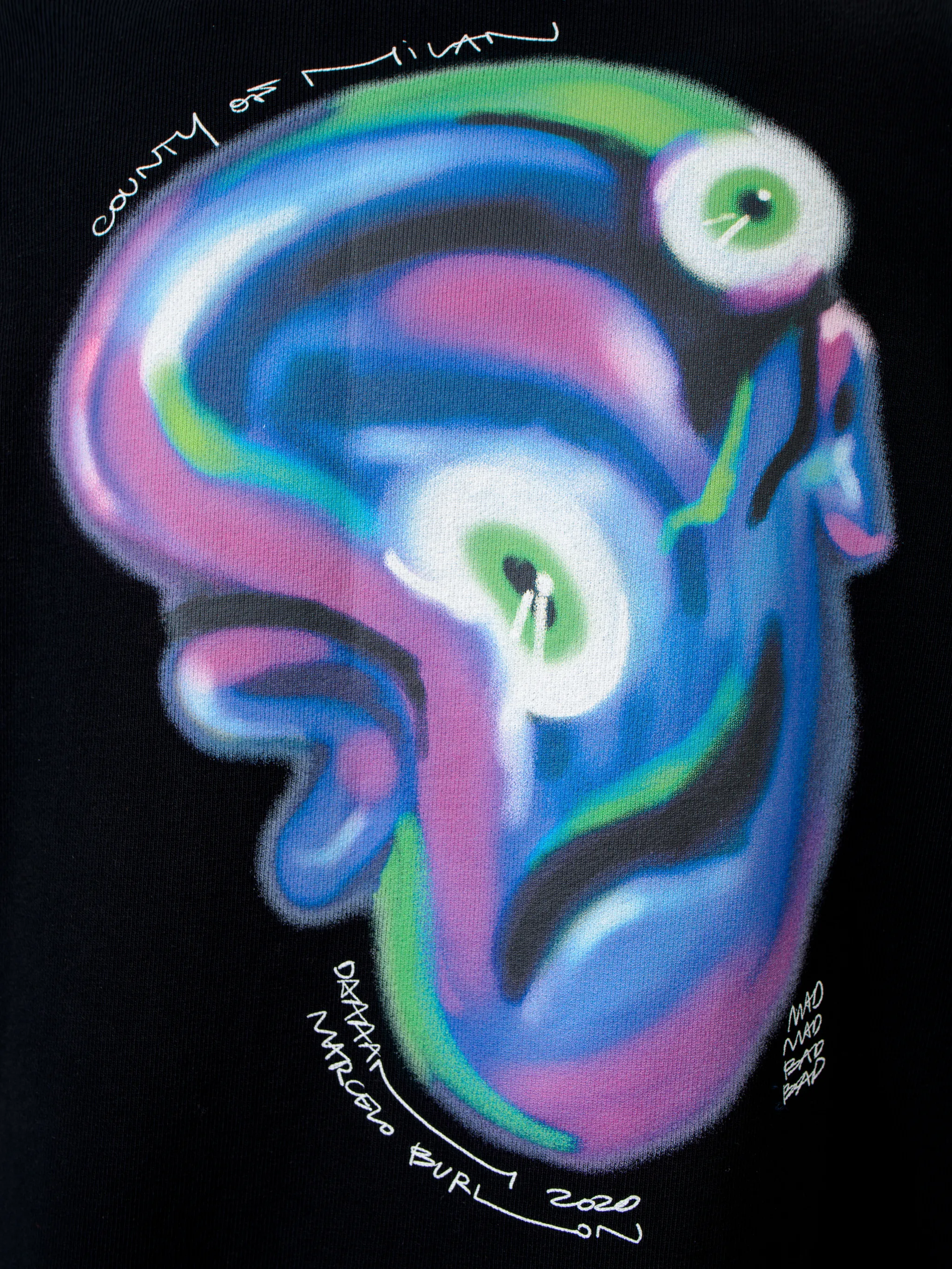 Black cotton Mad Face crew-neck sweatshirt from Marcelo Burlon County of Milan featuring logo print at the chest, graphic print to the rear, contrasting trim, crew neck, long sleeves and straight hem.