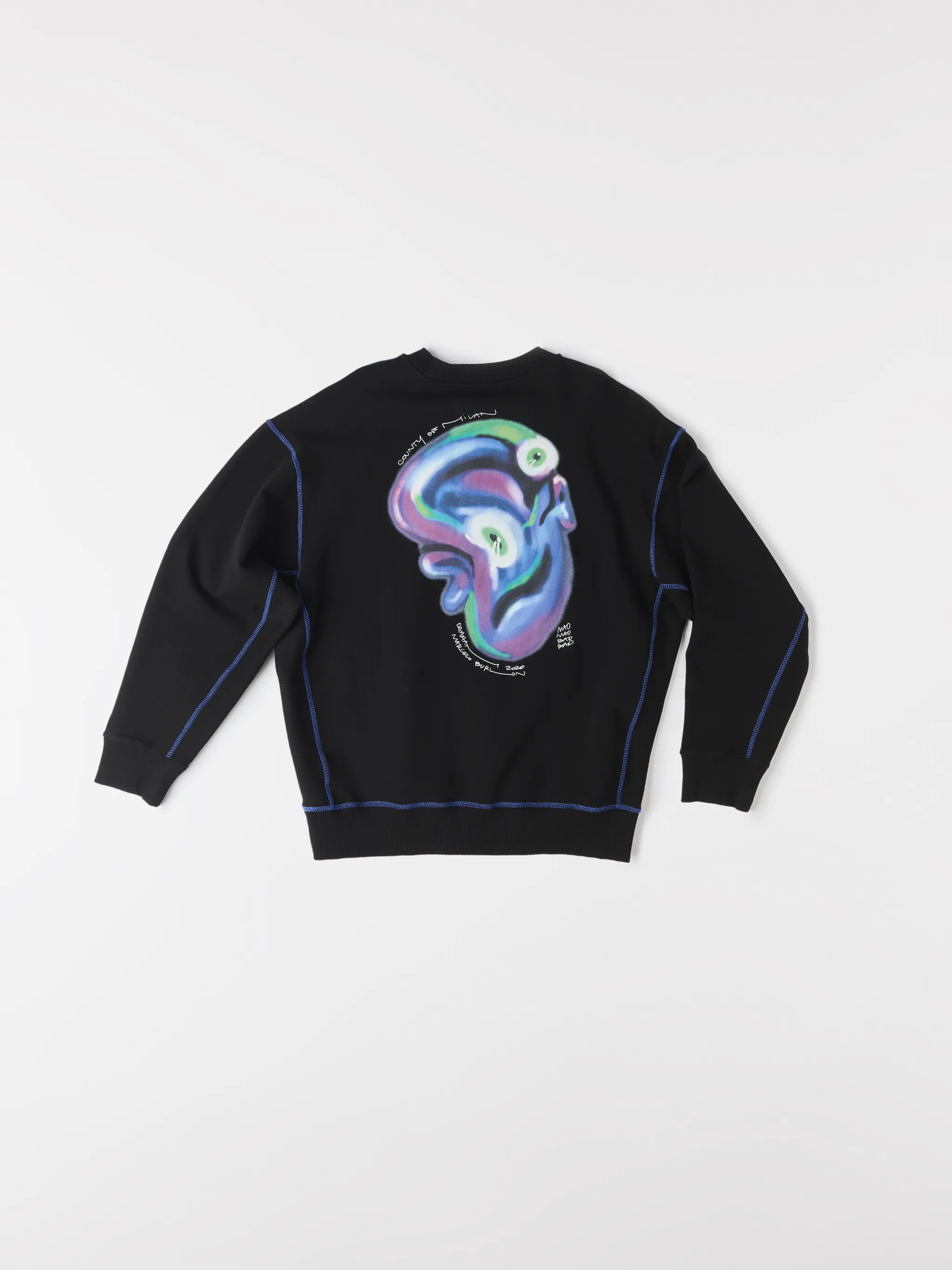 Black cotton Mad Face crew-neck sweatshirt from Marcelo Burlon County of Milan featuring logo print at the chest, graphic print to the rear, contrasting trim, crew neck, long sleeves and straight hem.