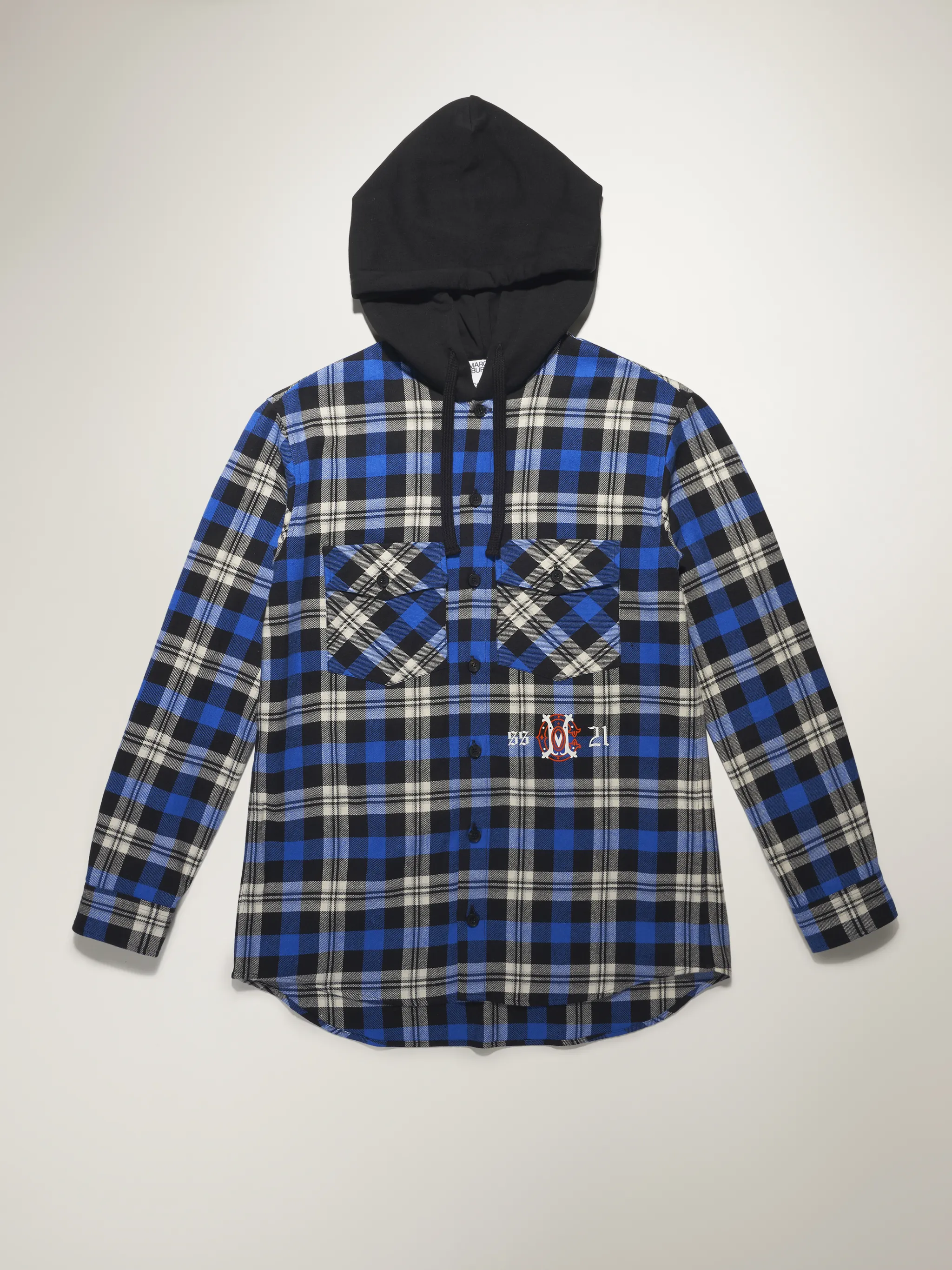 Black/blue cotton blend monogram check shirt-style hoodie from Marcelo Burlon County of Milan featuring plaid check pattern, drawstring hood, front button fastening, two chest patch pockets, embroidered logo, long sleeves, buttoned cuffs and curved hem.