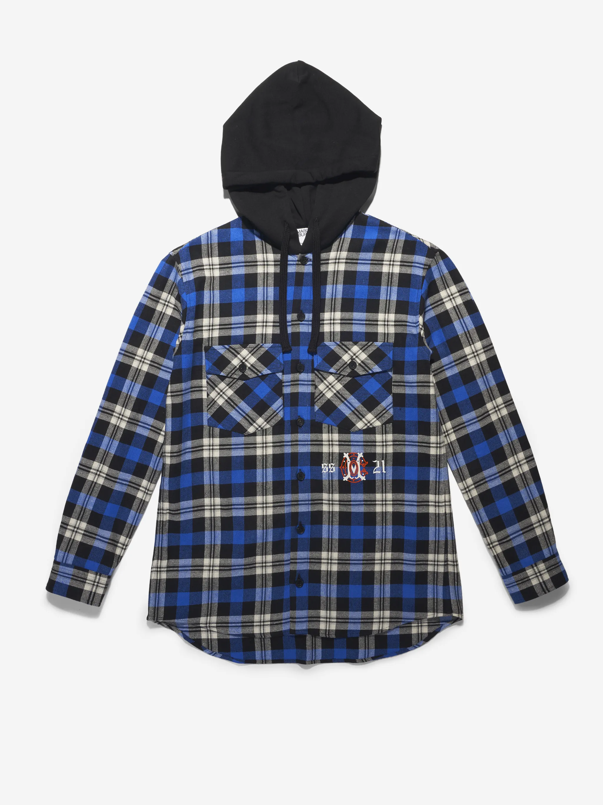 Black/blue cotton blend monogram check shirt-style hoodie from Marcelo Burlon County of Milan featuring plaid check pattern, drawstring hood, front button fastening, two chest patch pockets, embroidered logo, long sleeves, buttoned cuffs and curved hem.