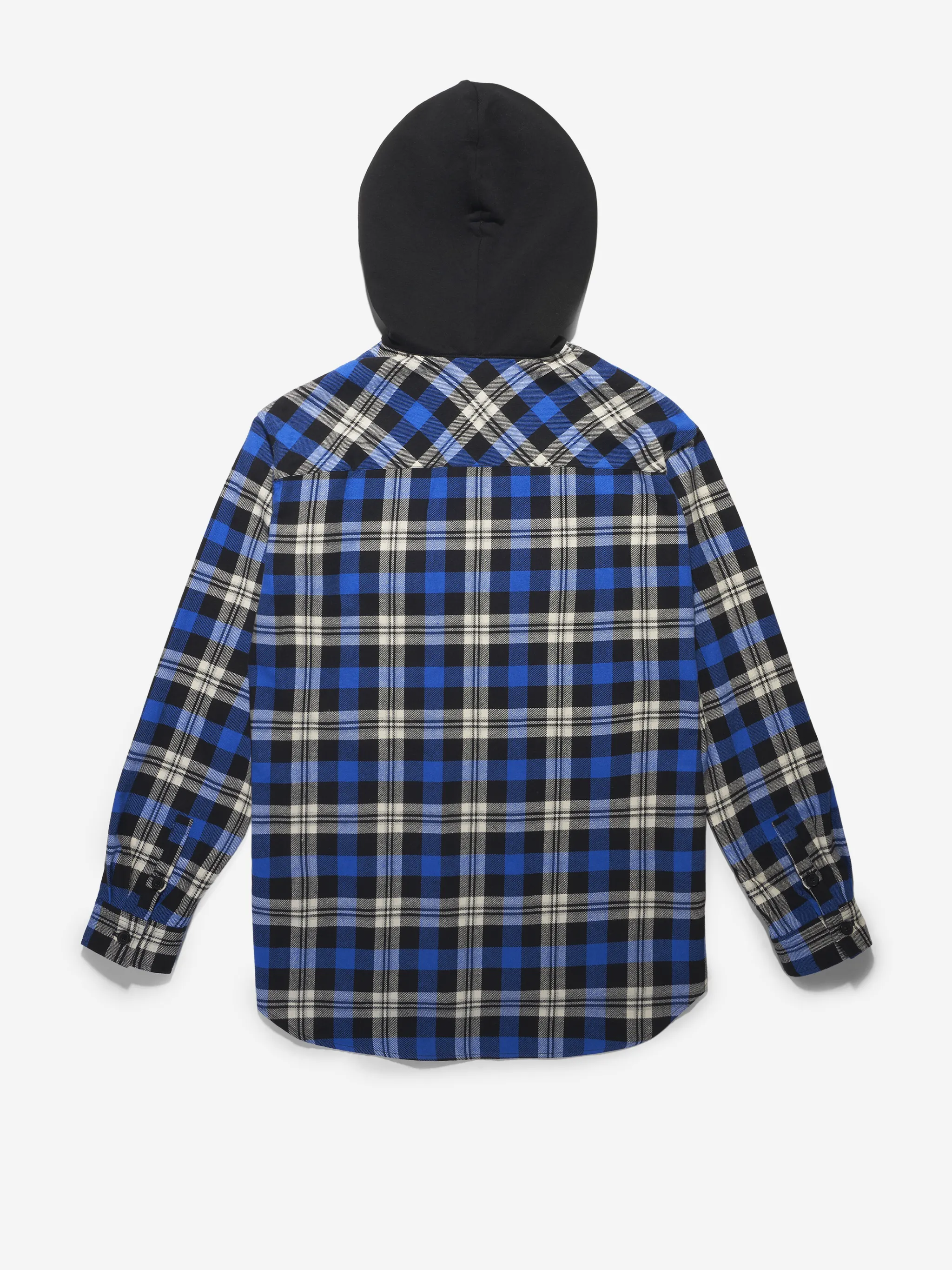 Black/blue cotton blend monogram check shirt-style hoodie from Marcelo Burlon County of Milan featuring plaid check pattern, drawstring hood, front button fastening, two chest patch pockets, embroidered logo, long sleeves, buttoned cuffs and curved hem.