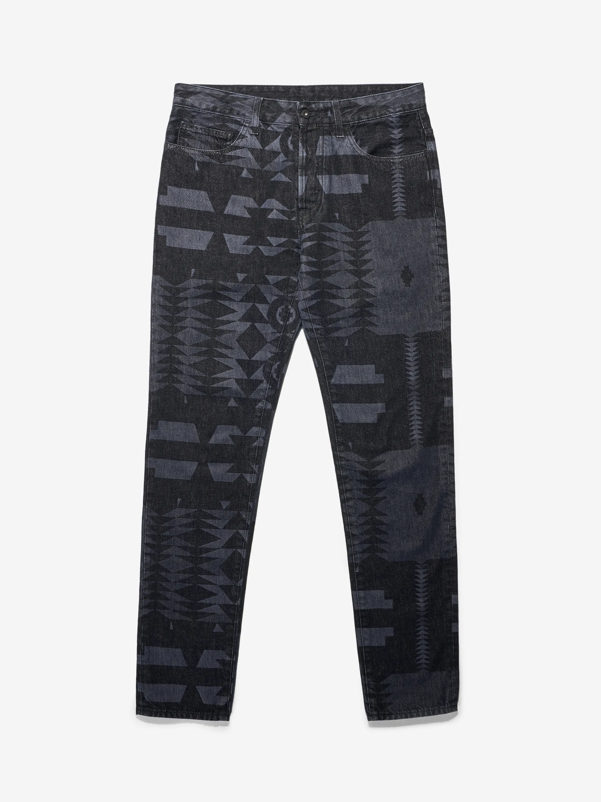 Black/grey cotton-denim geometric-print jeans from Marcelo Burlon County of Milan featuring belt loops, logo patch to the rear, front button and zip fastening, classic five pockets and geometric print.