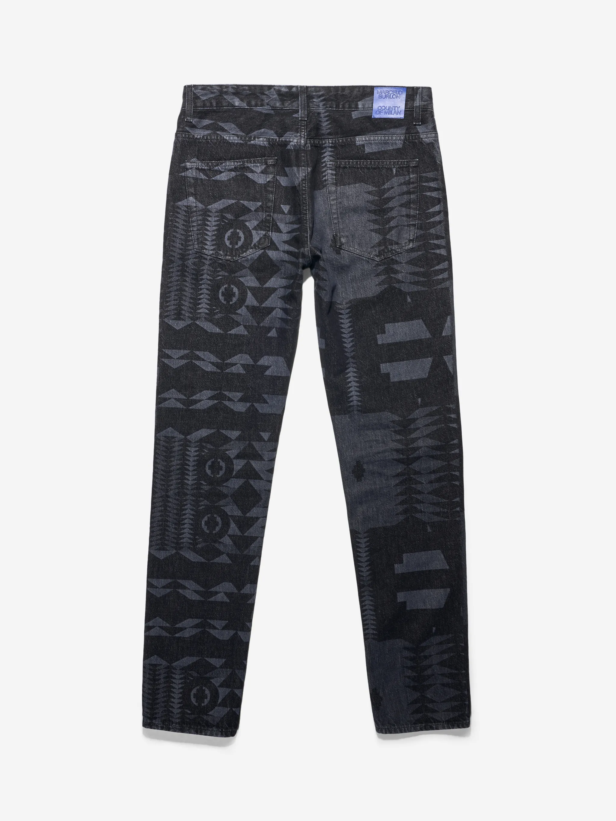Black/grey cotton-denim geometric-print jeans from Marcelo Burlon County of Milan featuring belt loops, logo patch to the rear, front button and zip fastening, classic five pockets and geometric print.