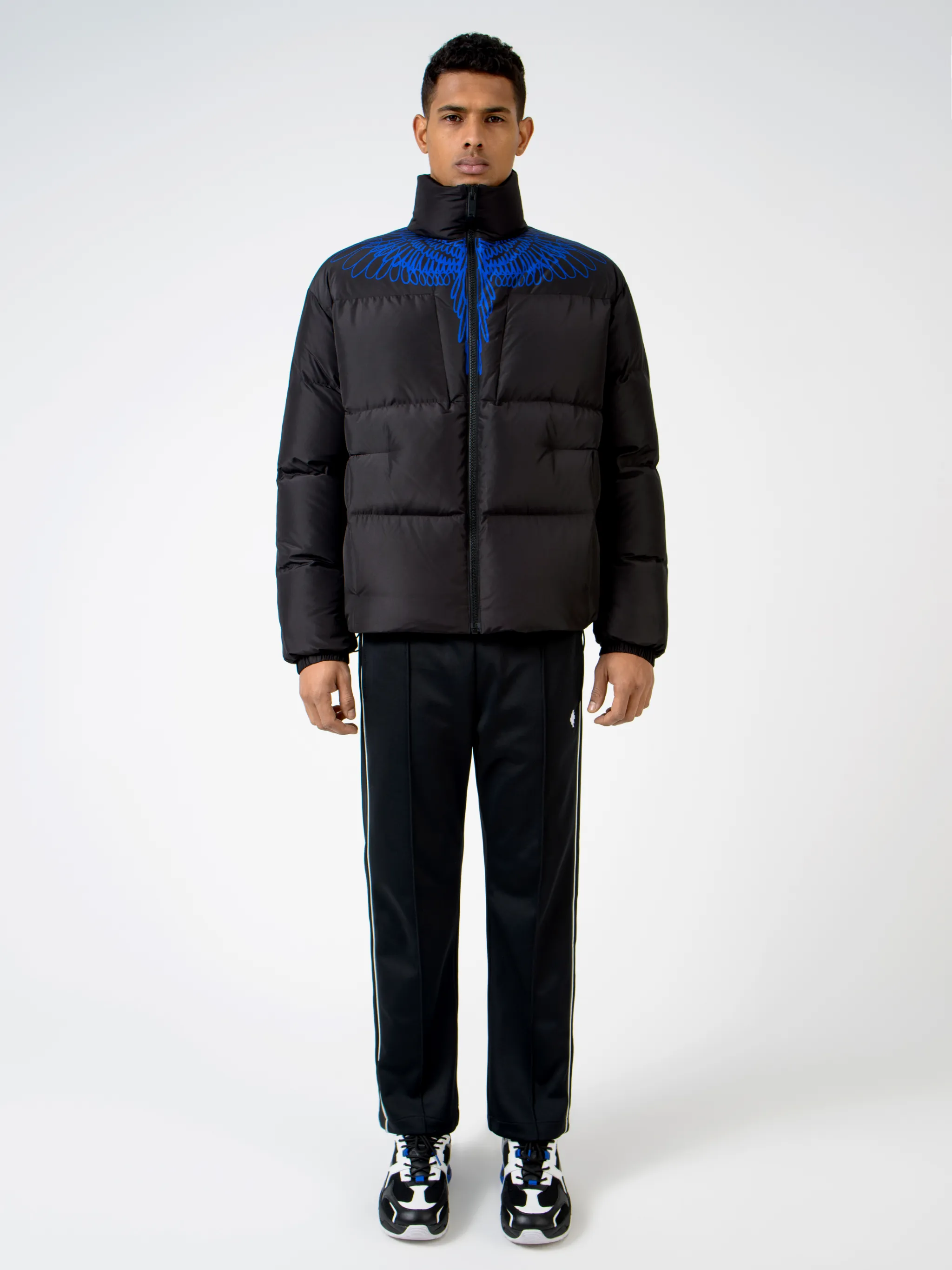Black/blue wings-detail padded coat from MARCELO BURLON COUNTY OF MILAN featuring stand-up collar, long sleeves, front zip fastening, Wings print and padded.