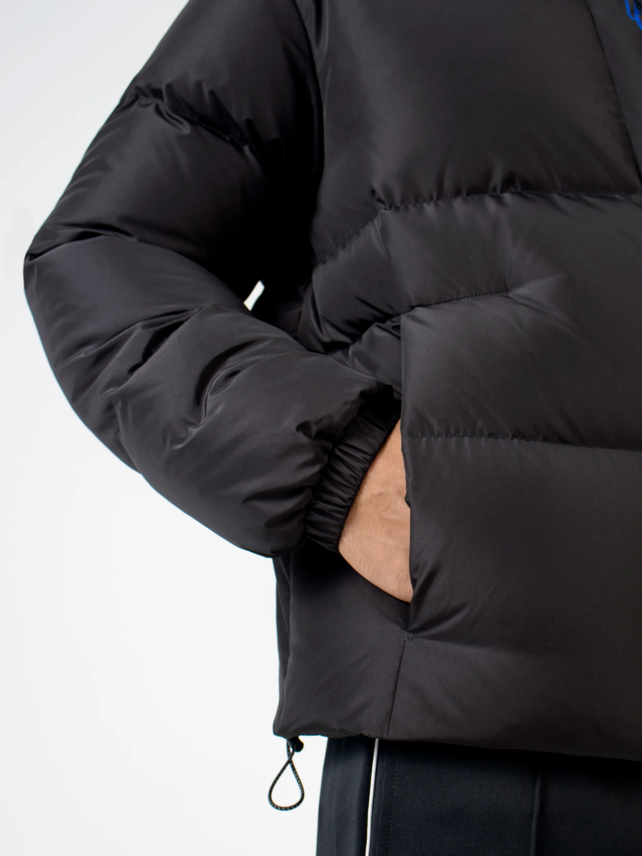 Black/blue wings-detail padded coat from MARCELO BURLON COUNTY OF MILAN featuring stand-up collar, long sleeves, front zip fastening, Wings print and padded.