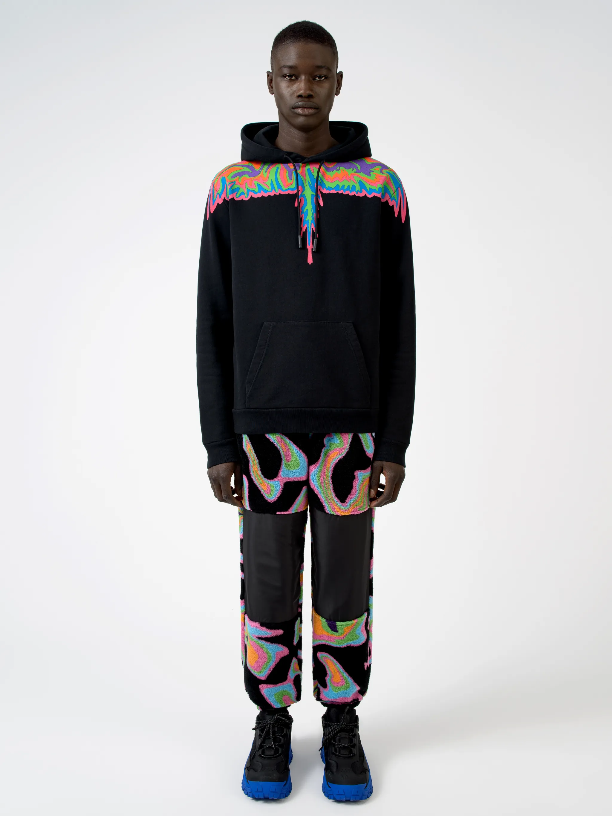 Black multicolour cotton psychedelic drip cotton hoodie from Marcelo Burlon County of Milan featuring drawstring hood.