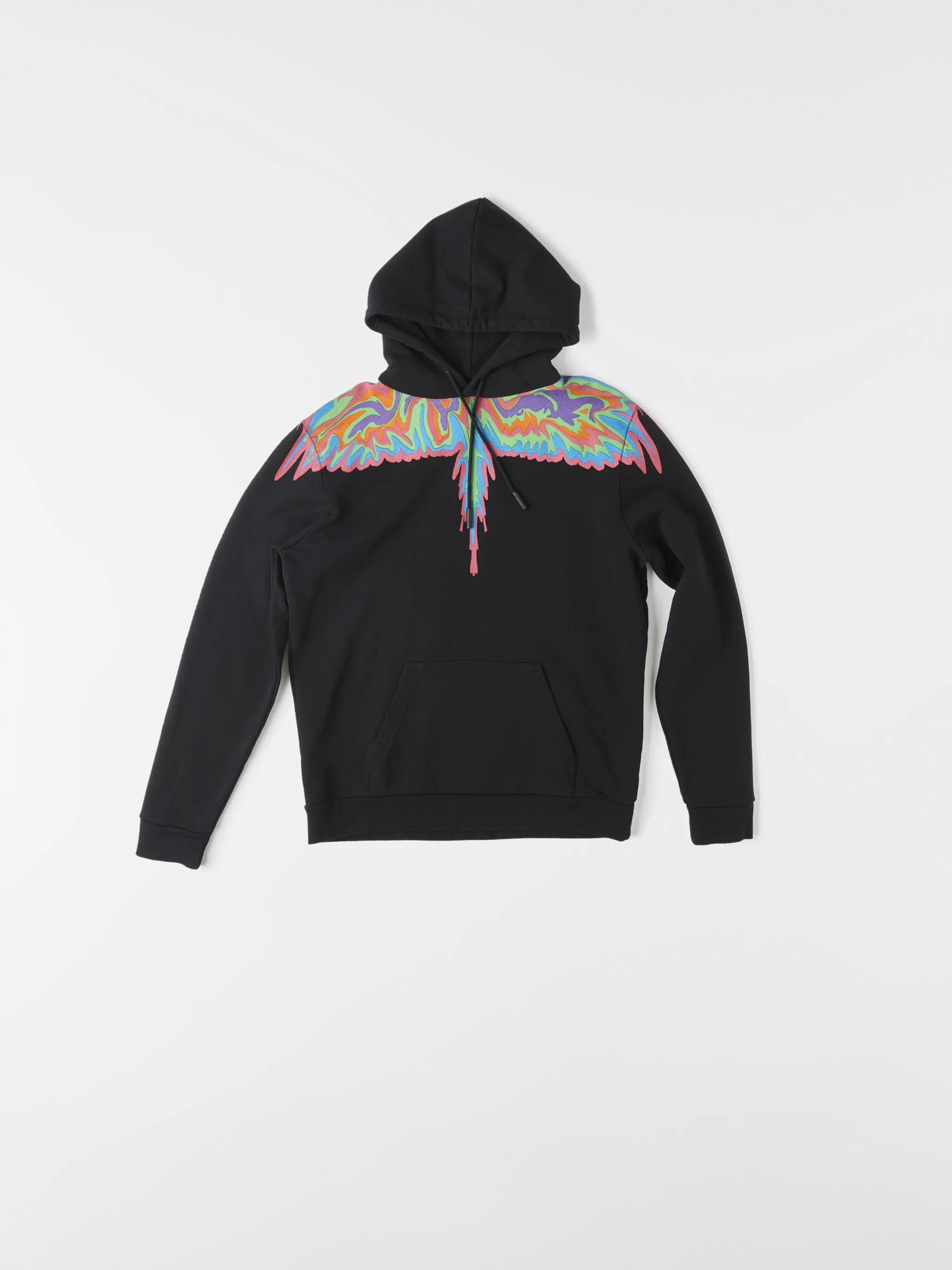 Black multicolour cotton psychedelic drip cotton hoodie from Marcelo Burlon County of Milan featuring drawstring hood.