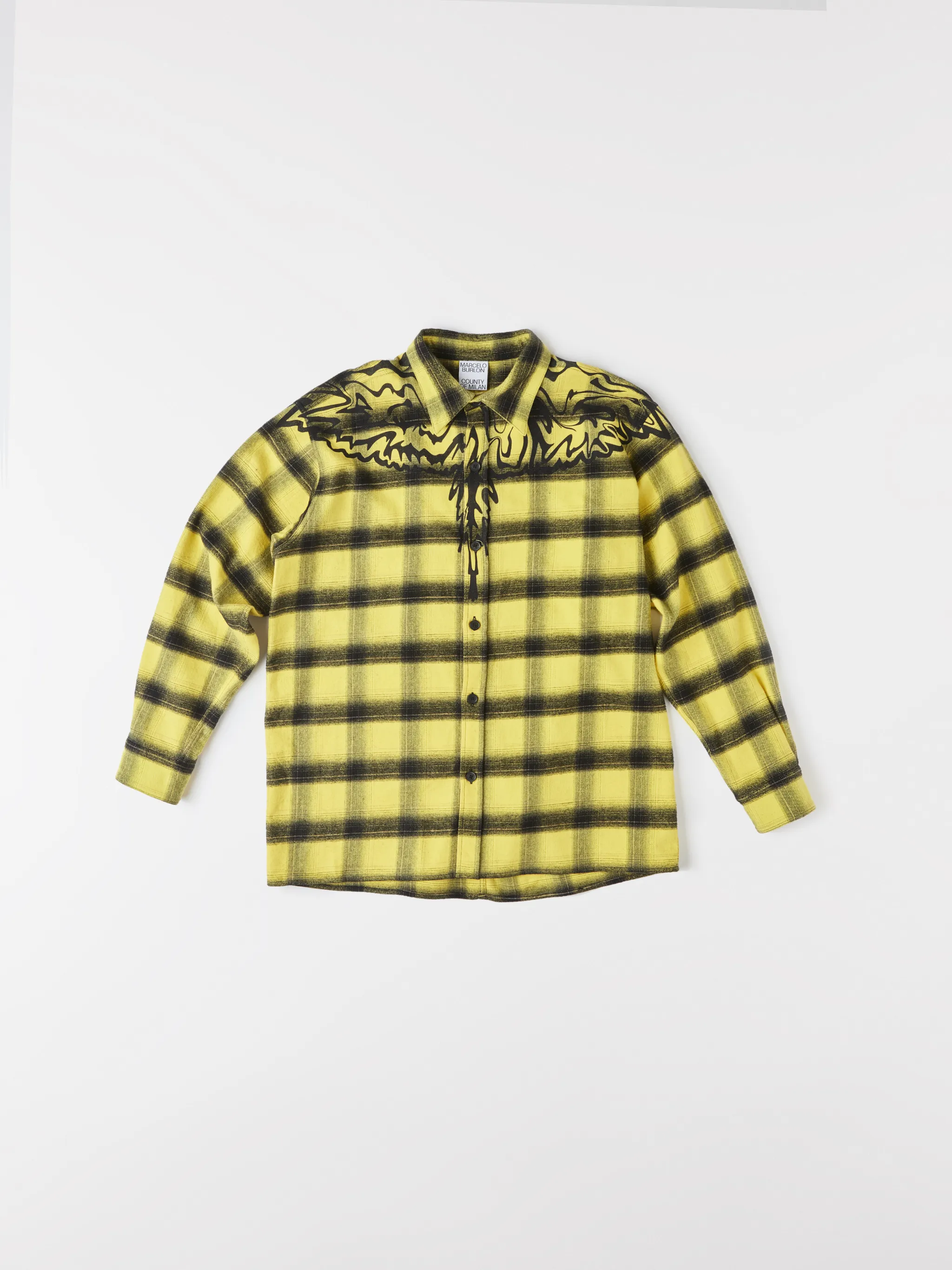 Yellow/black Wings check-pattern shirt from Marcelo Burlon County of Milan featuring check pattern, wings print, classic collar, front button fastening, long sleeves, buttoned cuffs and straight hem.
