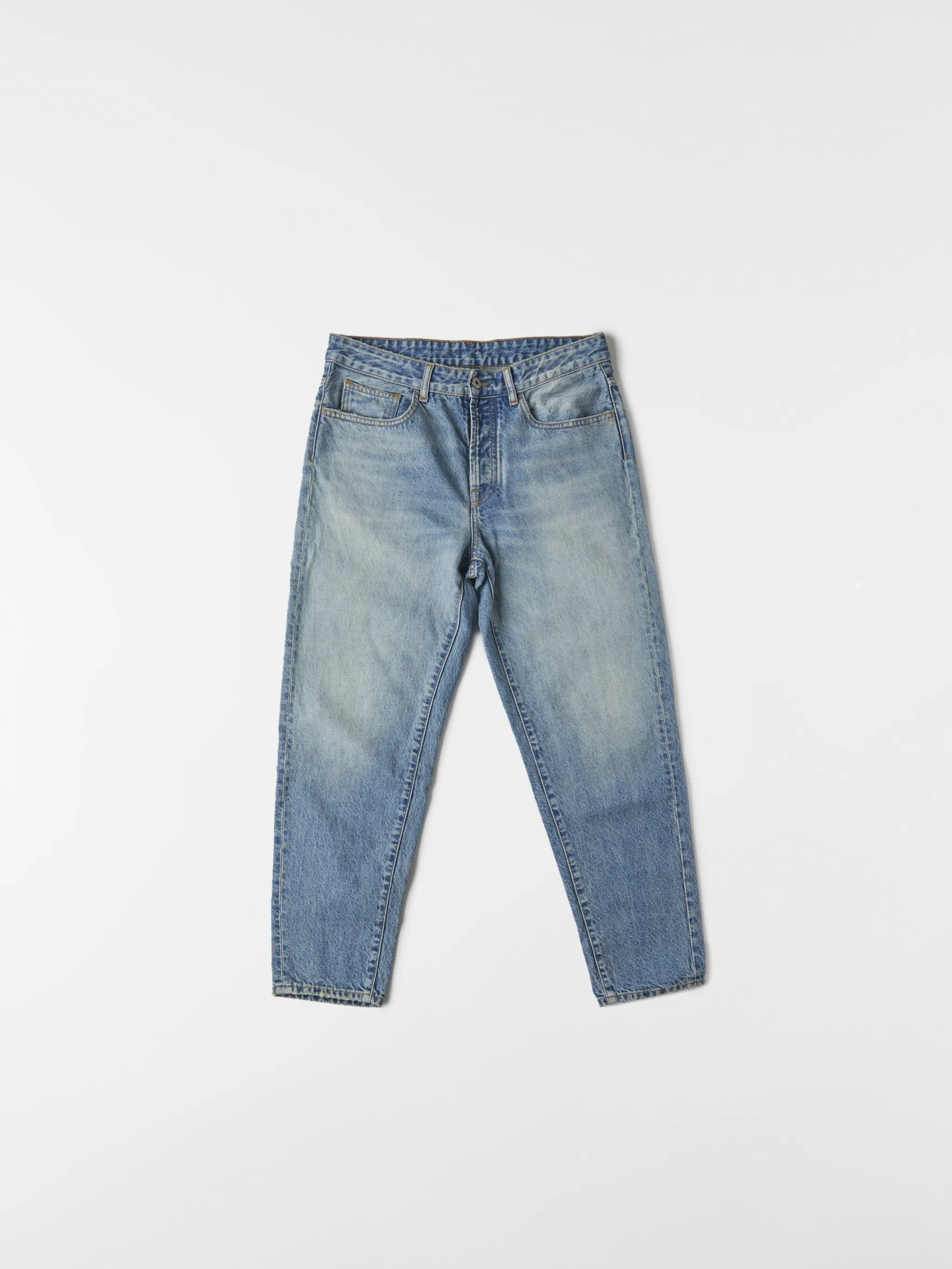 Blue cotton Rural Cross slim-fit jeans from Marcelo Burlon County of Milan featuring stonewashed, logo patch to the rear, belt loops, mid-rise, front button and zip fastening, slim cut, classic five pockets and cross print.