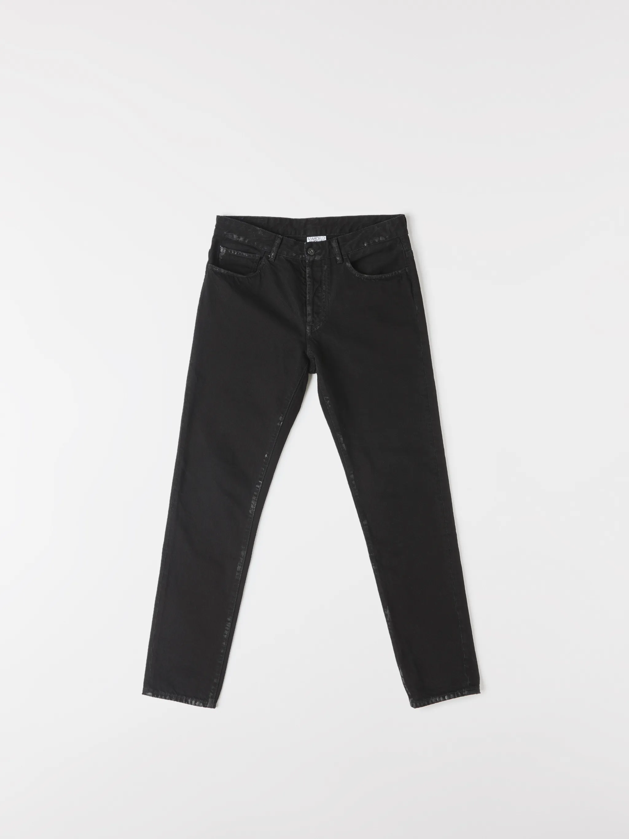 Black cotton-blend Rural Cross slim-fit jeans from Marcelo Burlon County of Milan featuring logo print embellishment, slim cut, belt loops, front button fastening and classic five pockets.