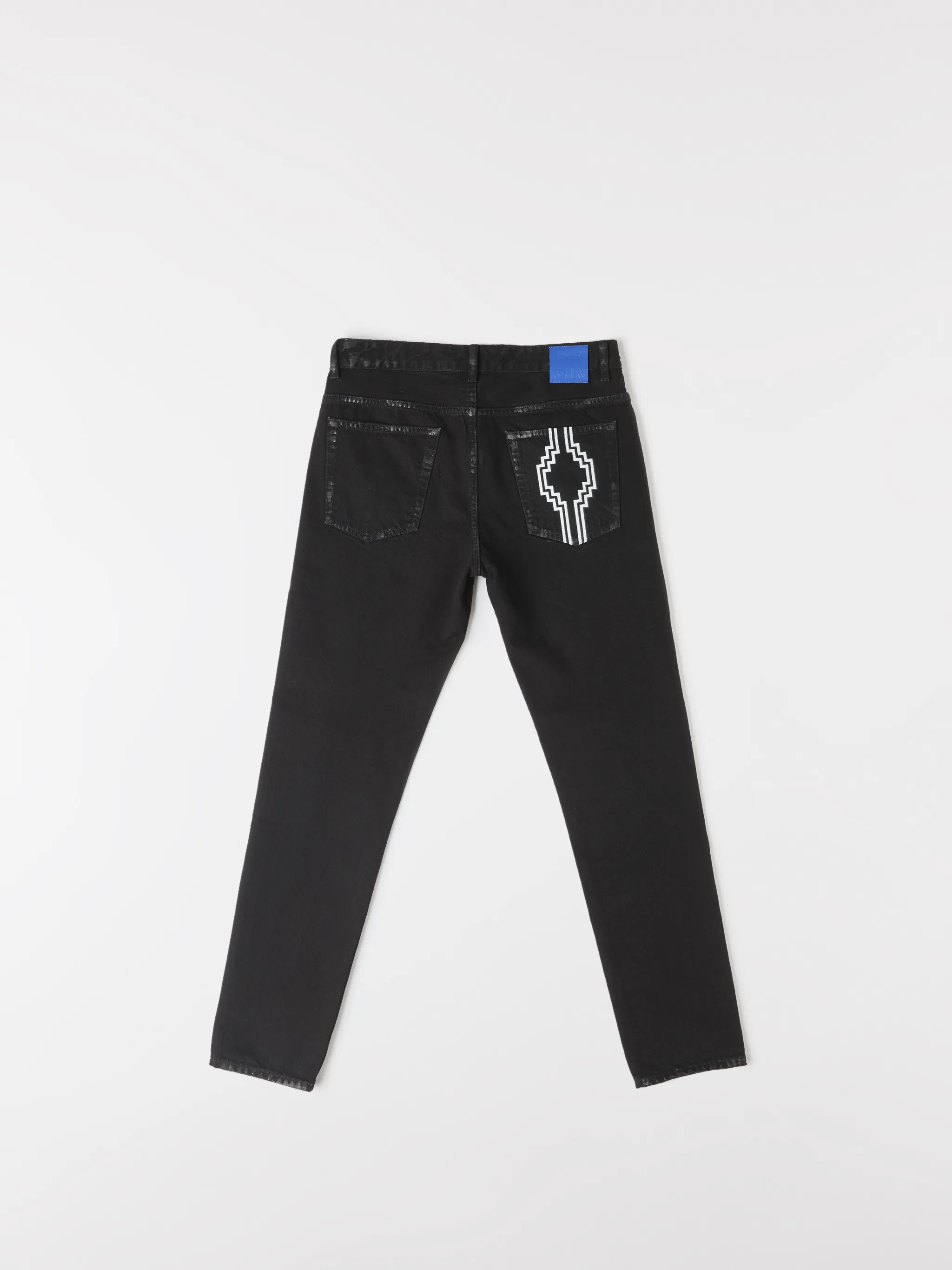 Black cotton-blend Rural Cross slim-fit jeans from Marcelo Burlon County of Milan featuring logo print embellishment, slim cut, belt loops, front button fastening and classic five pockets.