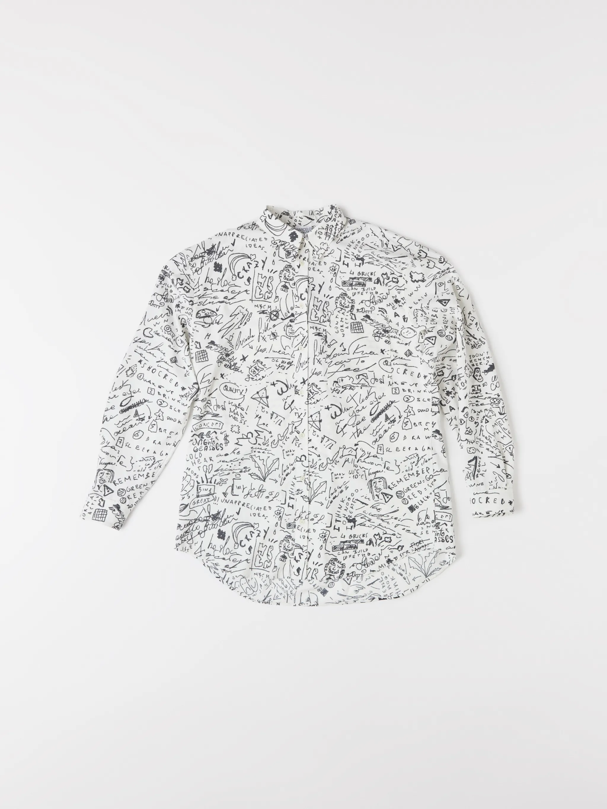 White cotton Sketches long-sleeve shirt from Marcelo Burlon County of Milan featuring classic collar, front button fastening, long sleeves, chest patch pocket, buttoned cuffs, curved hem and all-over sketches pattern.