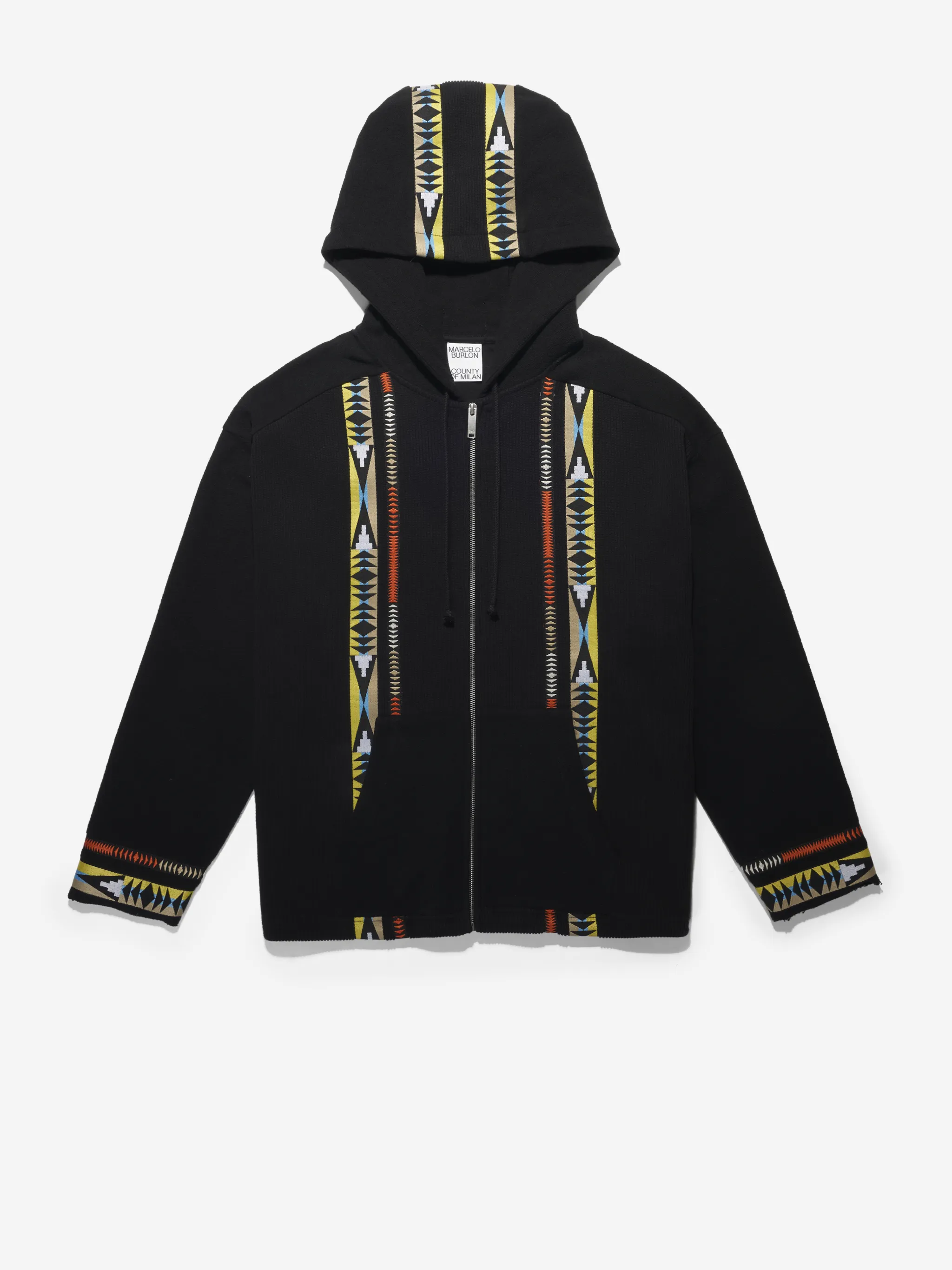 Black cotton tape knit hoodie from Marcelo Burlon County of Milan featuring drawstring hood, front zip fastening, long sleeves and kangaroo pockets.