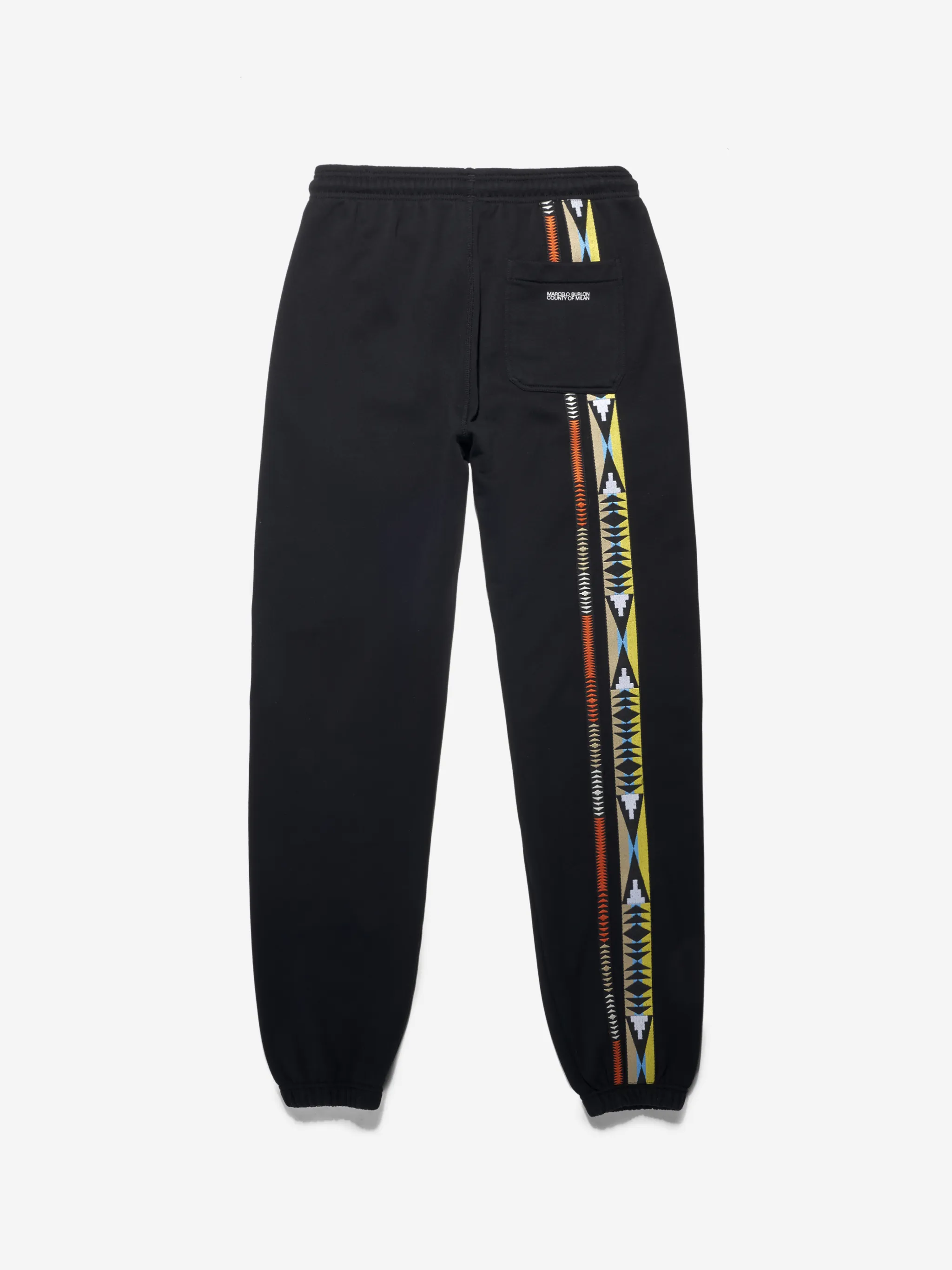 Black/multicolour geometric-pattern track pants from Marcelo Burlon County of Milan featuring drawstring waist, two side slit pockets, embroidered logo to the front, geometric embroidery, rear patch pocket, embroidered logo to the rear and elasticated ankles.