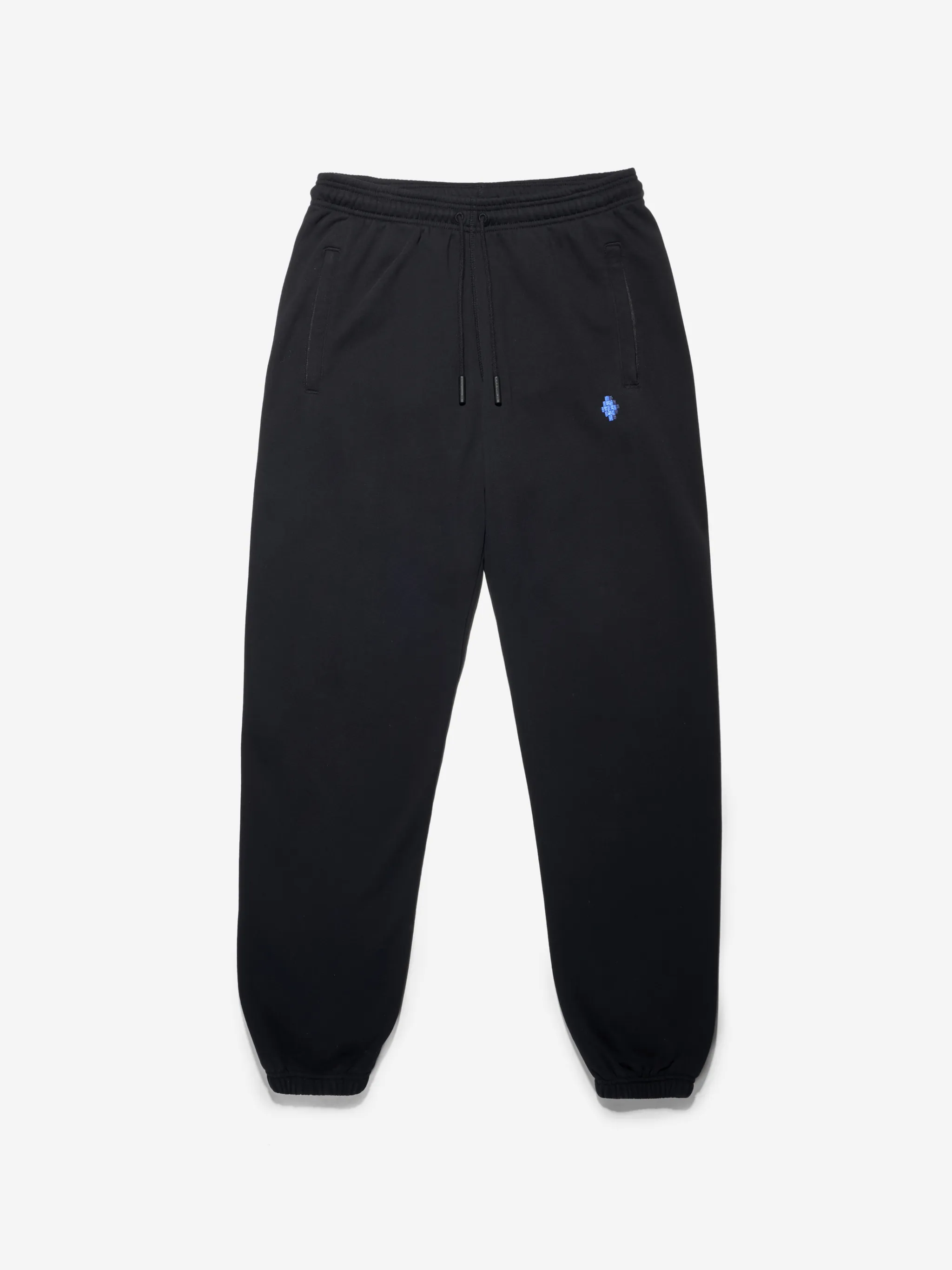 Black/multicolour geometric-pattern track pants from Marcelo Burlon County of Milan featuring drawstring waist, two side slit pockets, embroidered logo to the front, geometric embroidery, rear patch pocket, embroidered logo to the rear and elasticated ankles.
