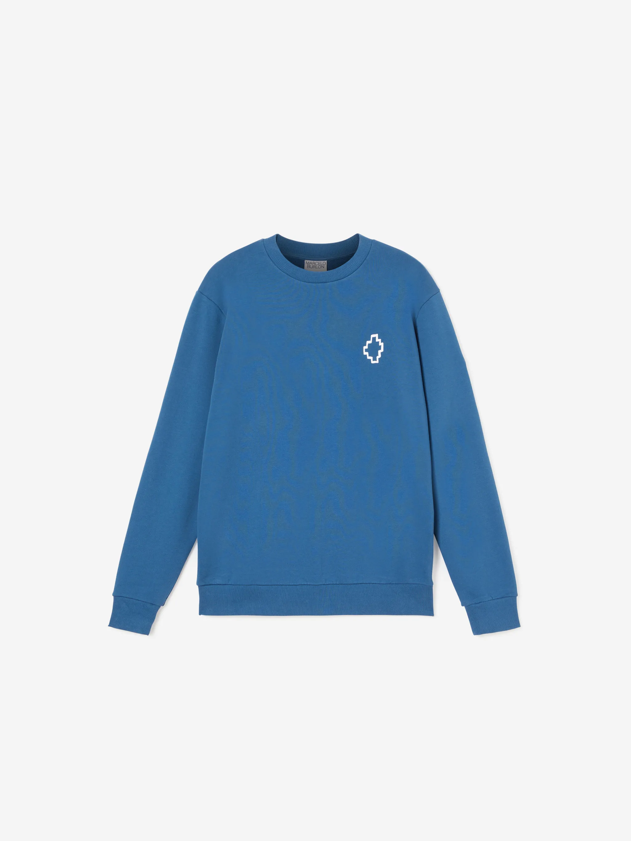 Petrol blue organic cotton Tempera Cross print sweatshirt from Marcelo Burlon County of Milan featuring crew neck, long sleeves, ribbed cuffs, ribbed hem and signature Cross motif. POSITIVELY CONSCIOUS: This Planet Conscious product is made from at least 50% organic materials, which helps you support organic farming practices such as the restricted use of synthetic chemicals and genetically modified seeds, improved soil fertility and better livestock management..