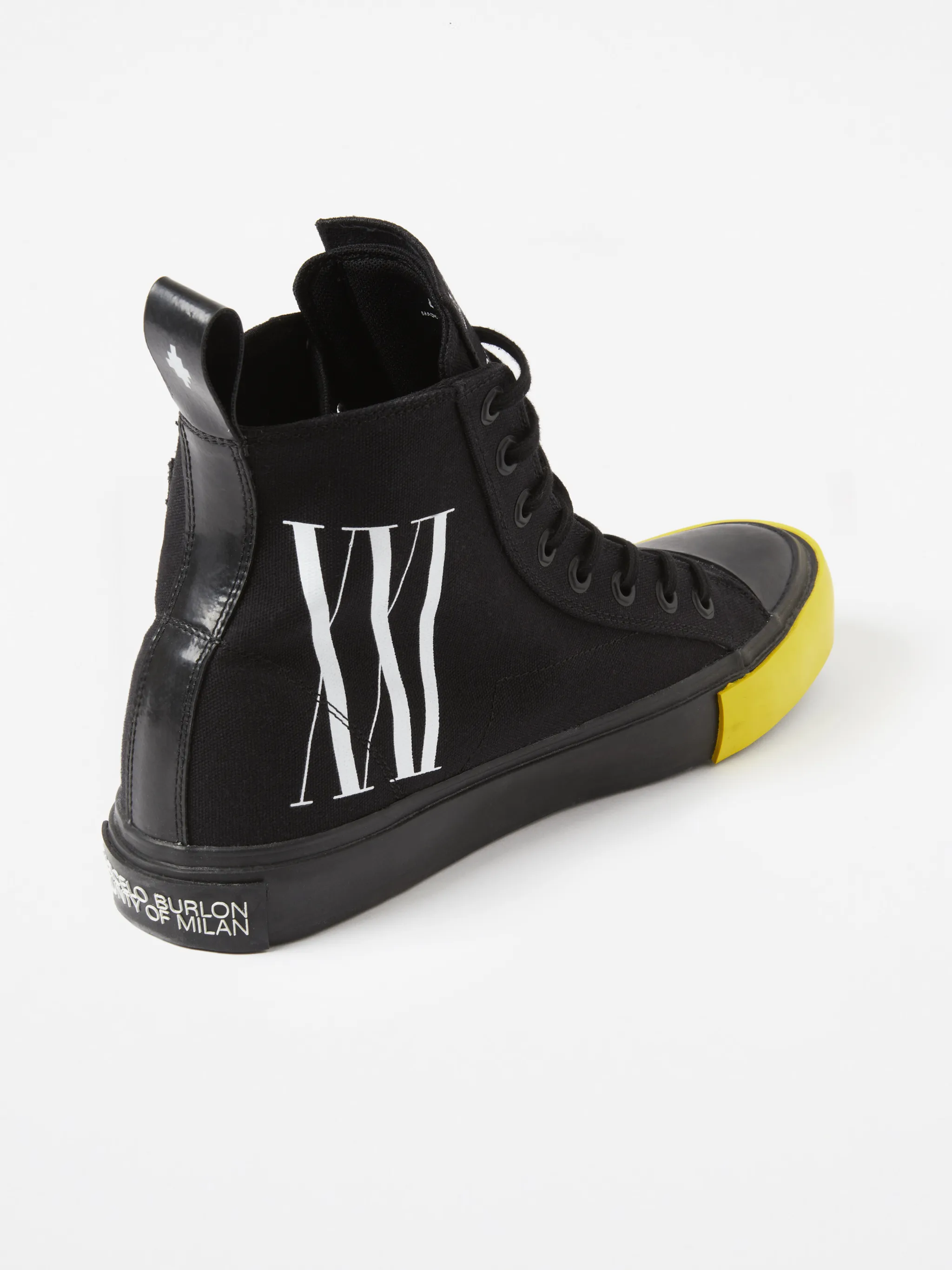 Black/yellow cotton XXI high-top Vulcanized sneakers from Marcelo Burlon County of Milan featuring raised logo detail, logo patch to the side, pull-tab at the heel, logo patch at the tongue, logo print to the side, round toe, front lace-up fastening, ankle-length and rubber sole.