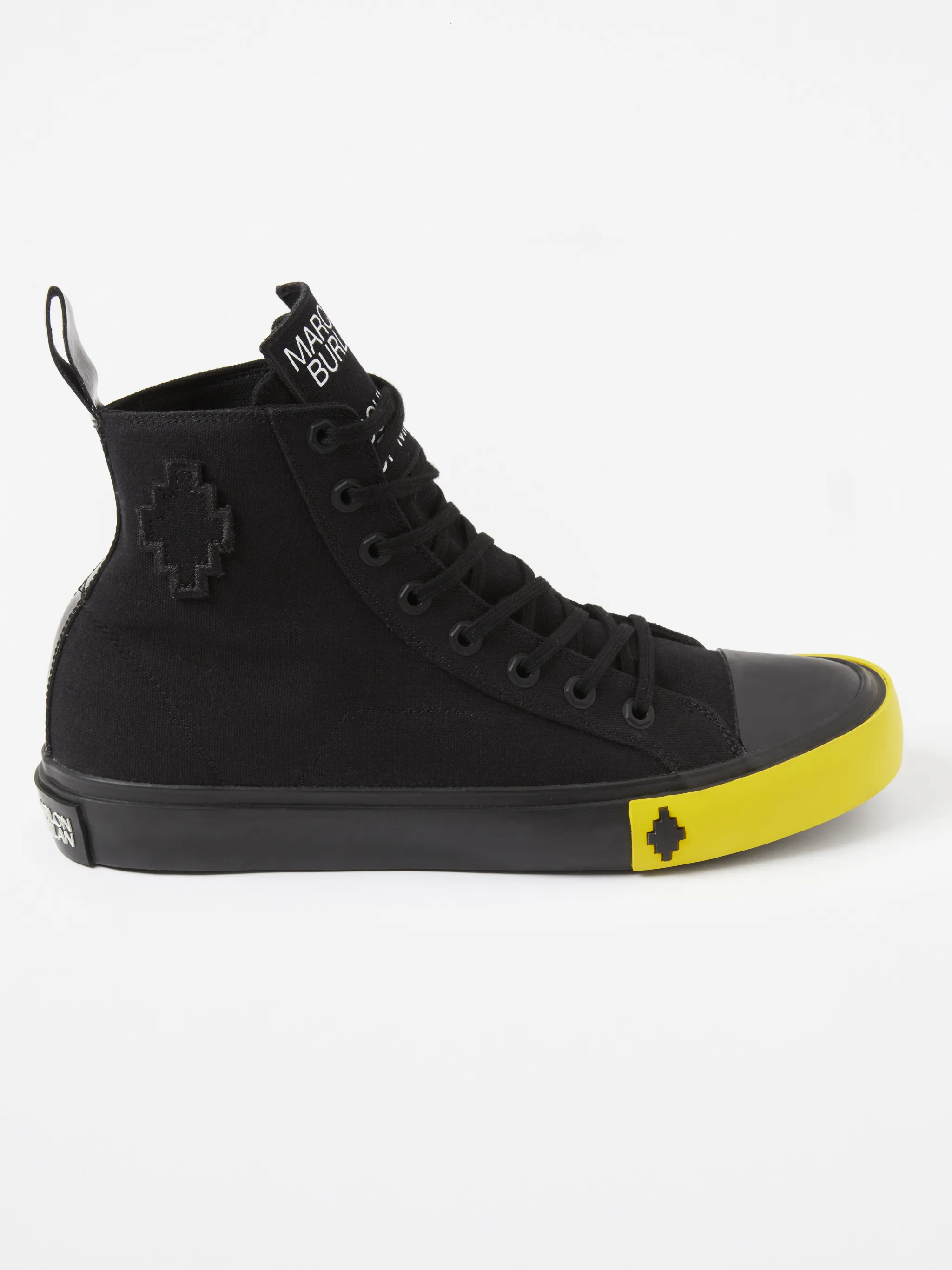 Black/yellow cotton XXI high-top Vulcanized sneakers from Marcelo Burlon County of Milan featuring raised logo detail, logo patch to the side, pull-tab at the heel, logo patch at the tongue, logo print to the side, round toe, front lace-up fastening, ankle-length and rubber sole.