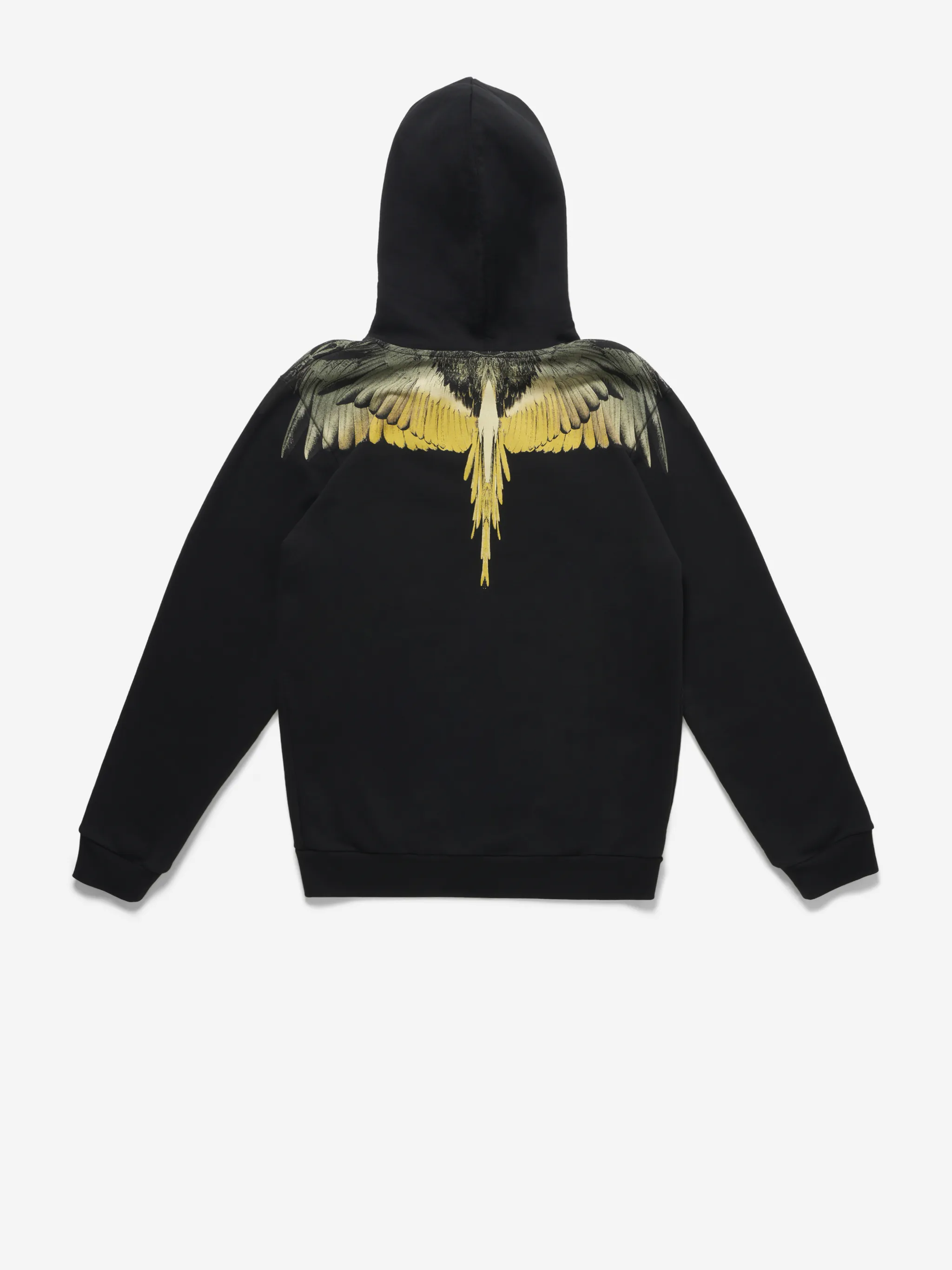 Black/yellow cotton Wings print hoodie from Marcelo Burlon County of Milan featuring drawstring hood, two side pouch pockets, long sleeves, front zip fastening and signature Wings print.