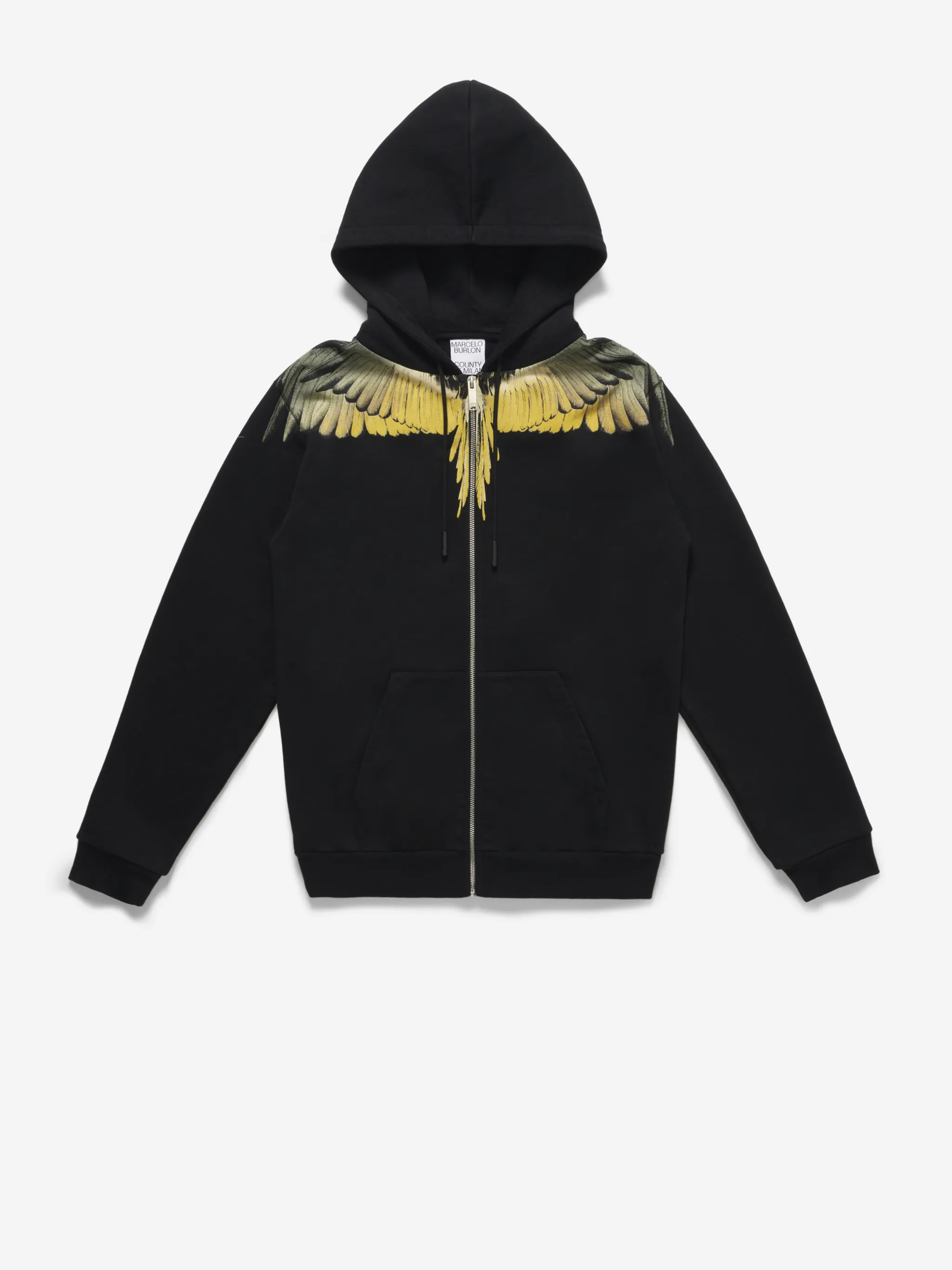 Black/yellow cotton Wings print hoodie from Marcelo Burlon County of Milan featuring drawstring hood, two side pouch pockets, long sleeves, front zip fastening and signature Wings print.