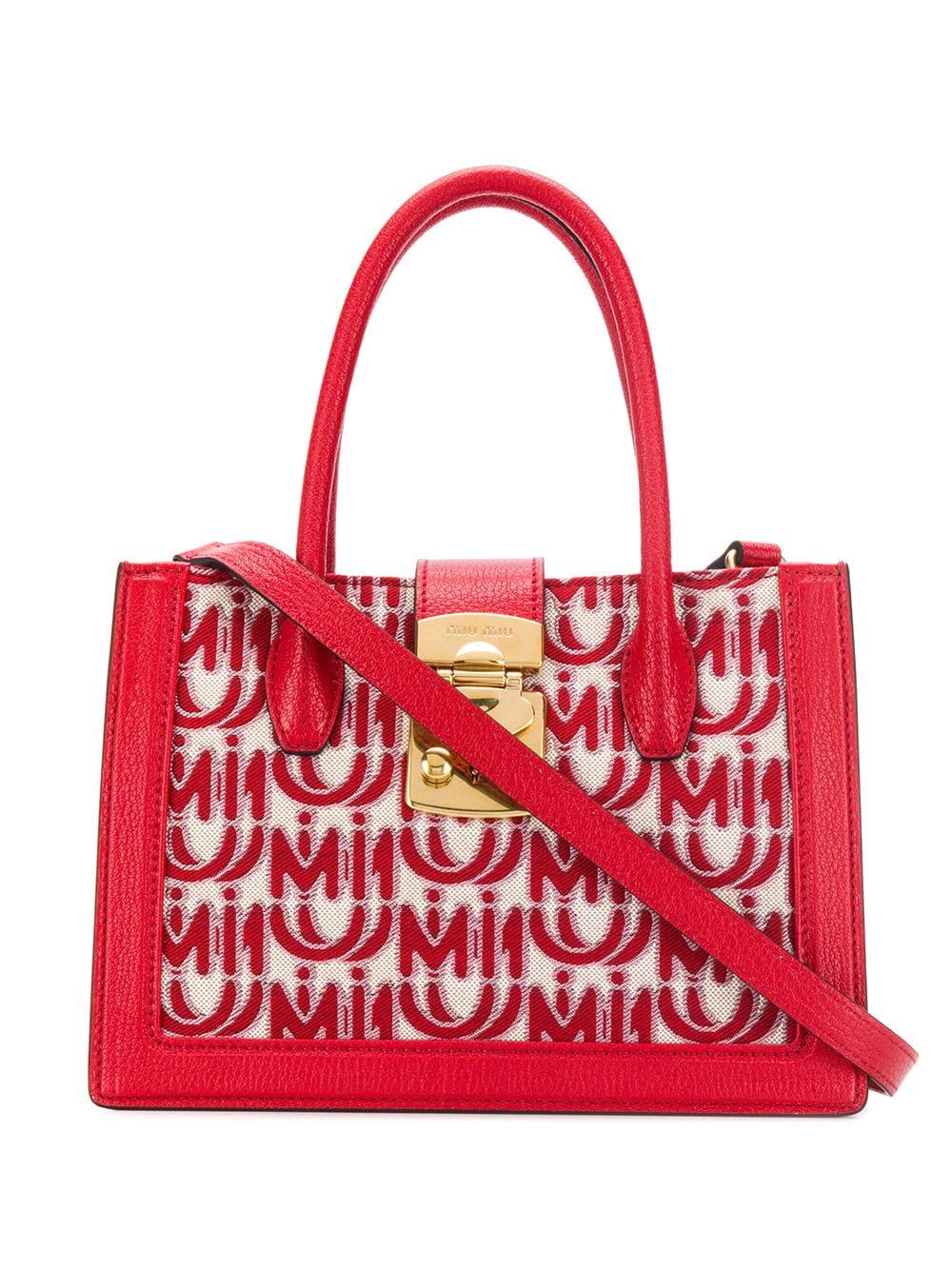 Miu Miu Logo-jacquard Leather-handle Tote Bag In Red White