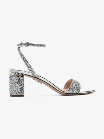 Miu Miu silver 65 Glitter block sandals 