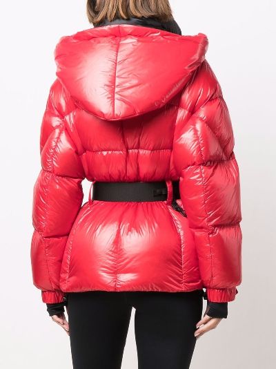 red belted puffer coat