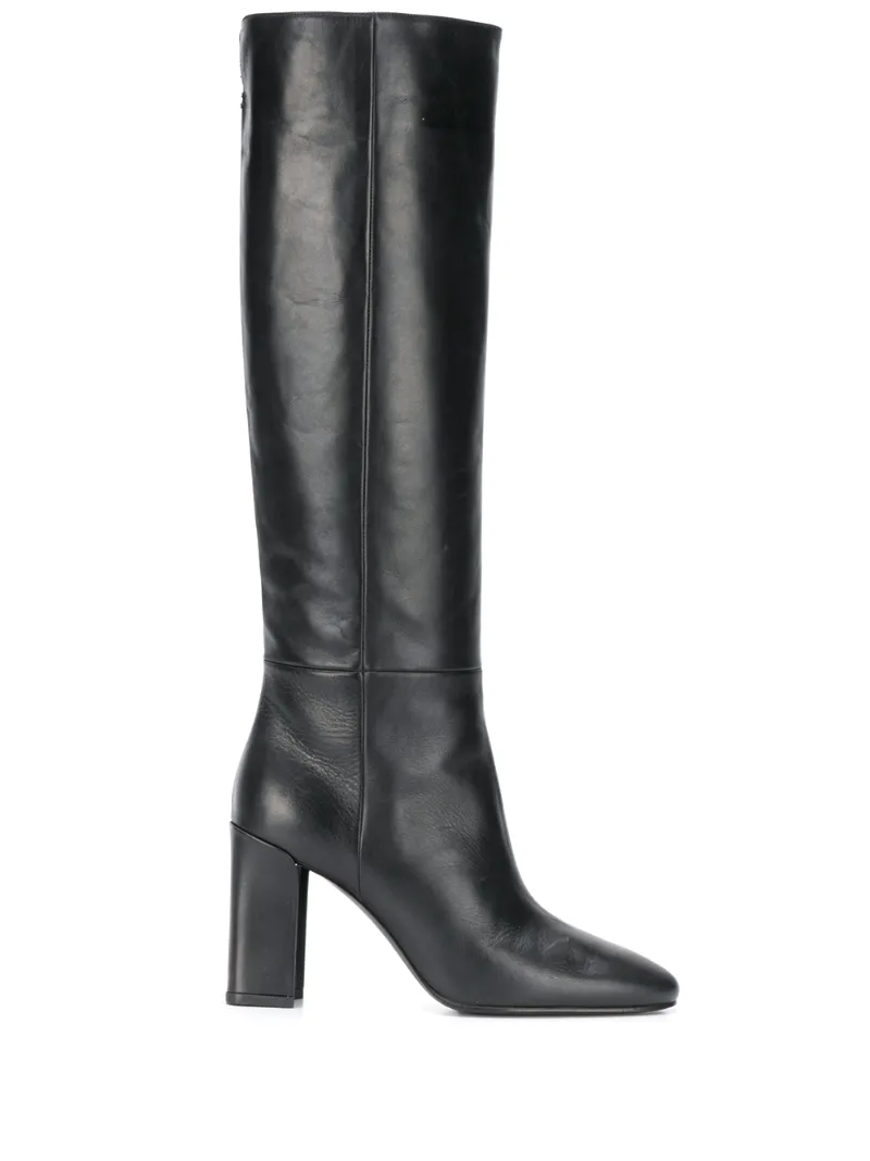 calf high black leather boots