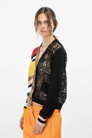 bi-material stripe and lace cardigan