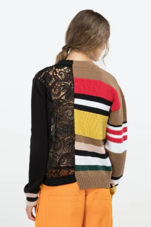 bi-material stripe and lace cardigan