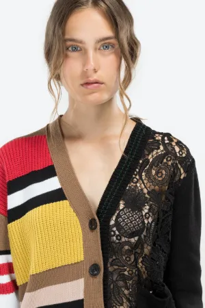 bi-material stripe and lace cardigan