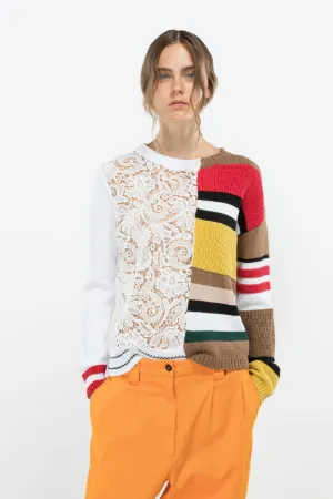 bi-material stripe and lace sweater