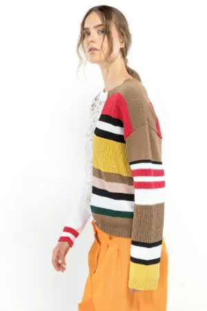 bi-material stripe and lace sweater