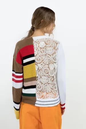 bi-material stripe and lace sweater