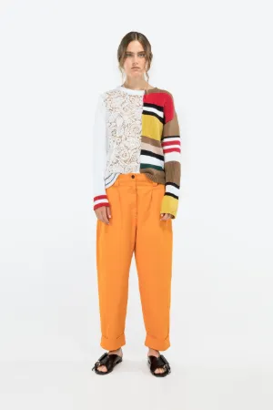 bi-material stripe and lace sweater
