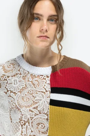 bi-material stripe and lace sweater