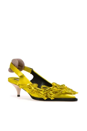 bow-embellished satin slingback pumps