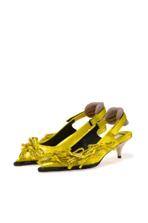 bow-embellished satin slingback pumps
