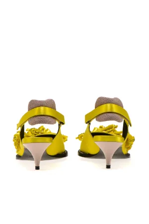 bow-embellished satin slingback pumps