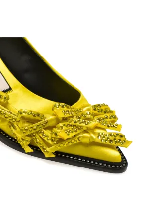 bow-embellished satin slingback pumps