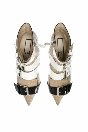 buckled glitter and patent-leather boots