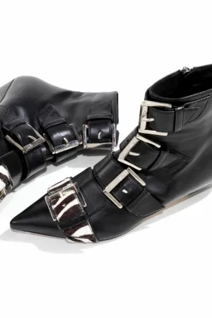 buckled leather and calf hair boots
