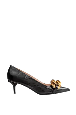 Chunky Chain-Embellished Crocodile-Effect Kitten Heel Pumps