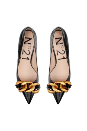 Chunky Chain-Embellished Crocodile-Effect Kitten Heel Pumps