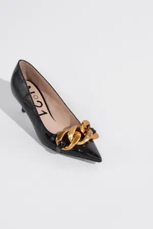 Chunky Chain-Embellished Crocodile-Effect Kitten Heel Pumps