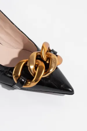 Chunky Chain-Embellished Crocodile-Effect Kitten Heel Pumps
