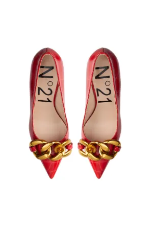 Chunky Chain-Embellished Crocodile-Effect Pumps