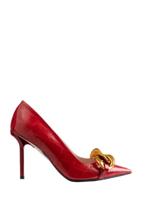 Chunky Chain-Embellished Crocodile-Effect Pumps