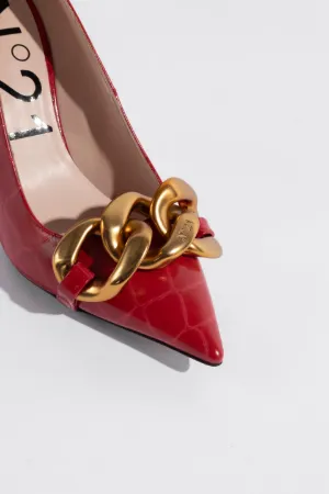 Chunky Chain-Embellished Crocodile-Effect Pumps