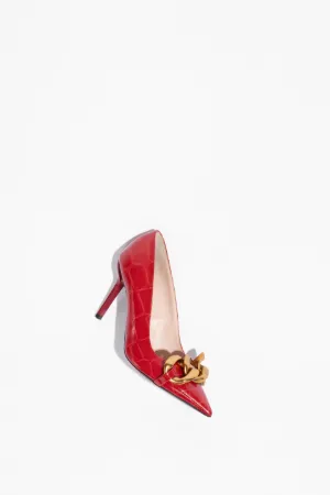 Chunky Chain-Embellished Crocodile-Effect Pumps